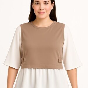 COCOMO Woman 1X Taupe Layered Blouse w/ Bell Sleeves & Peplum Hem — NWT